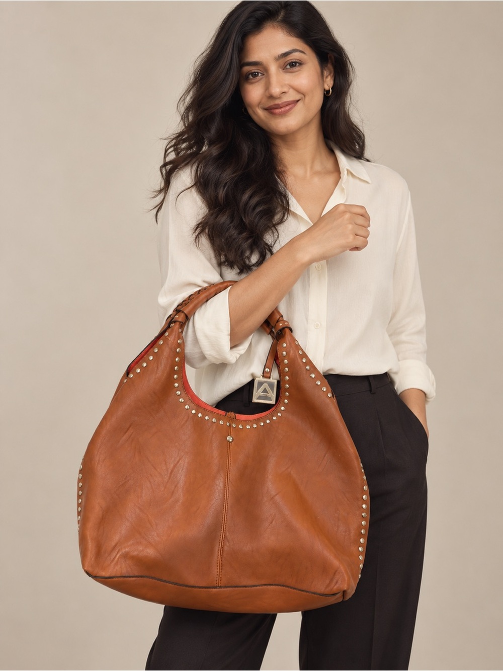 Stud-Trim Shoulder Hobo Bag in Cognac Leather
